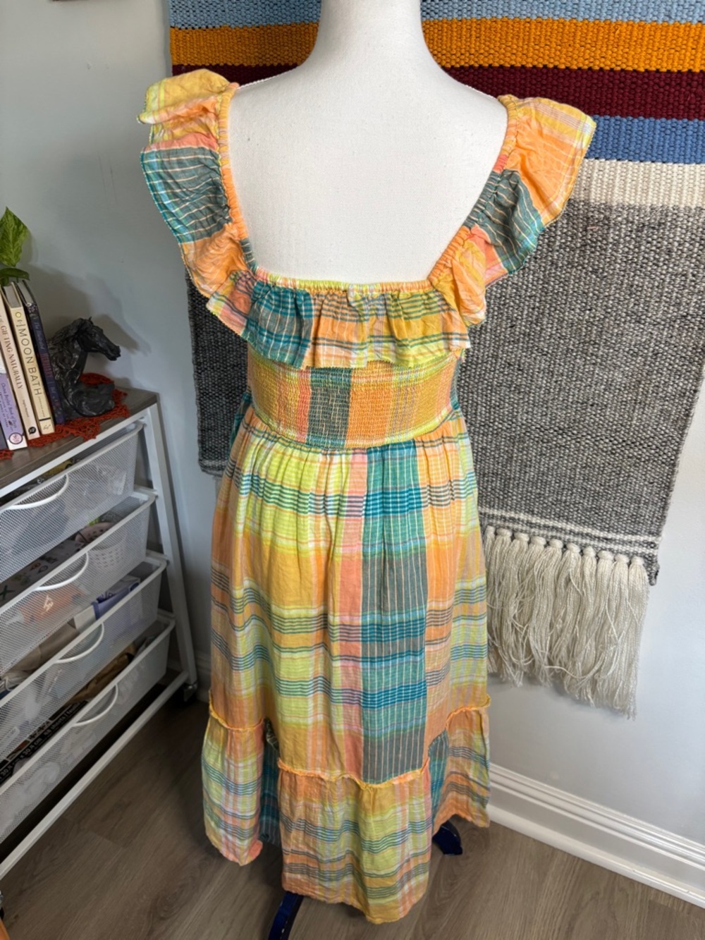 🚨Vineyard Vines Pastel Plaid Cotton Ruffle-Smock Midi Dress Medium - Picture 6 of 7